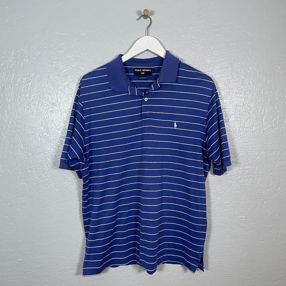 Polo Sport Ralph Lauren Men L Blue White Stripe Shirt Cotton Preppy Tennis Golf